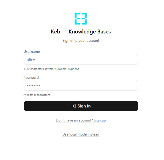 Register an account in the Keb side panel