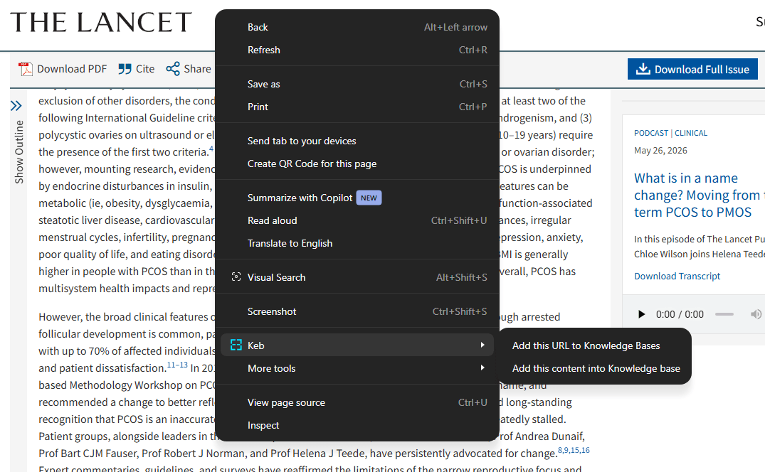 Right-click any page to add it to Keb